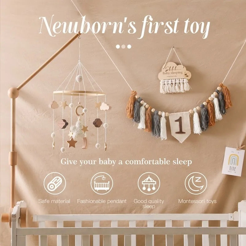 Baby Wooden Mobile On The Bed